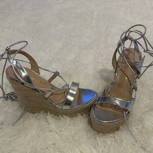 Allegra K Silver Strappy Wedge Sandals